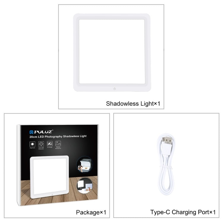 20cm LED light panel for photography with USB Type-C charging cable included