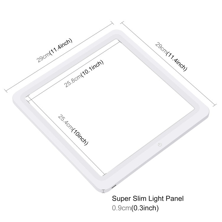 Super Slim LED light panel for photography with dimensions 29cm x 25.8cm
