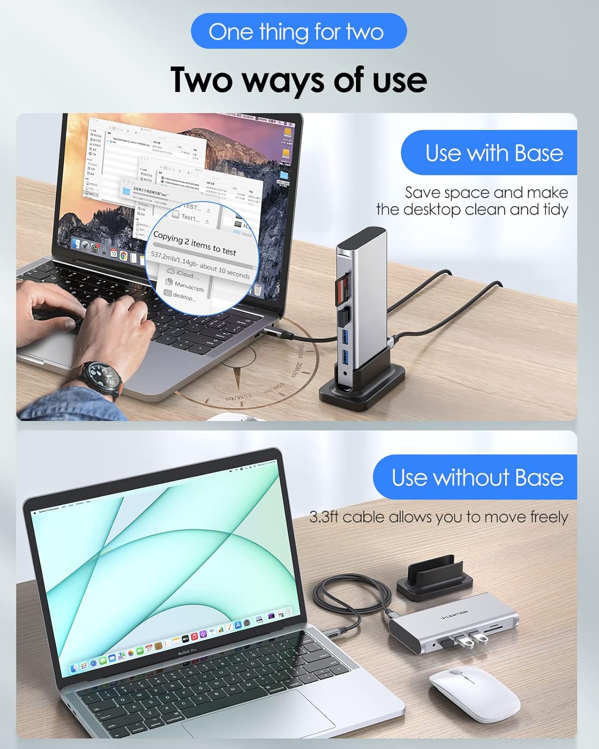 LENTION 10-in-1 USB C hub shown connected to a laptop with and without base for versatile use