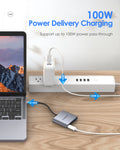 LENTION 3-in-1 USB C adapter with 100W power delivery charging on a desk with a laptop