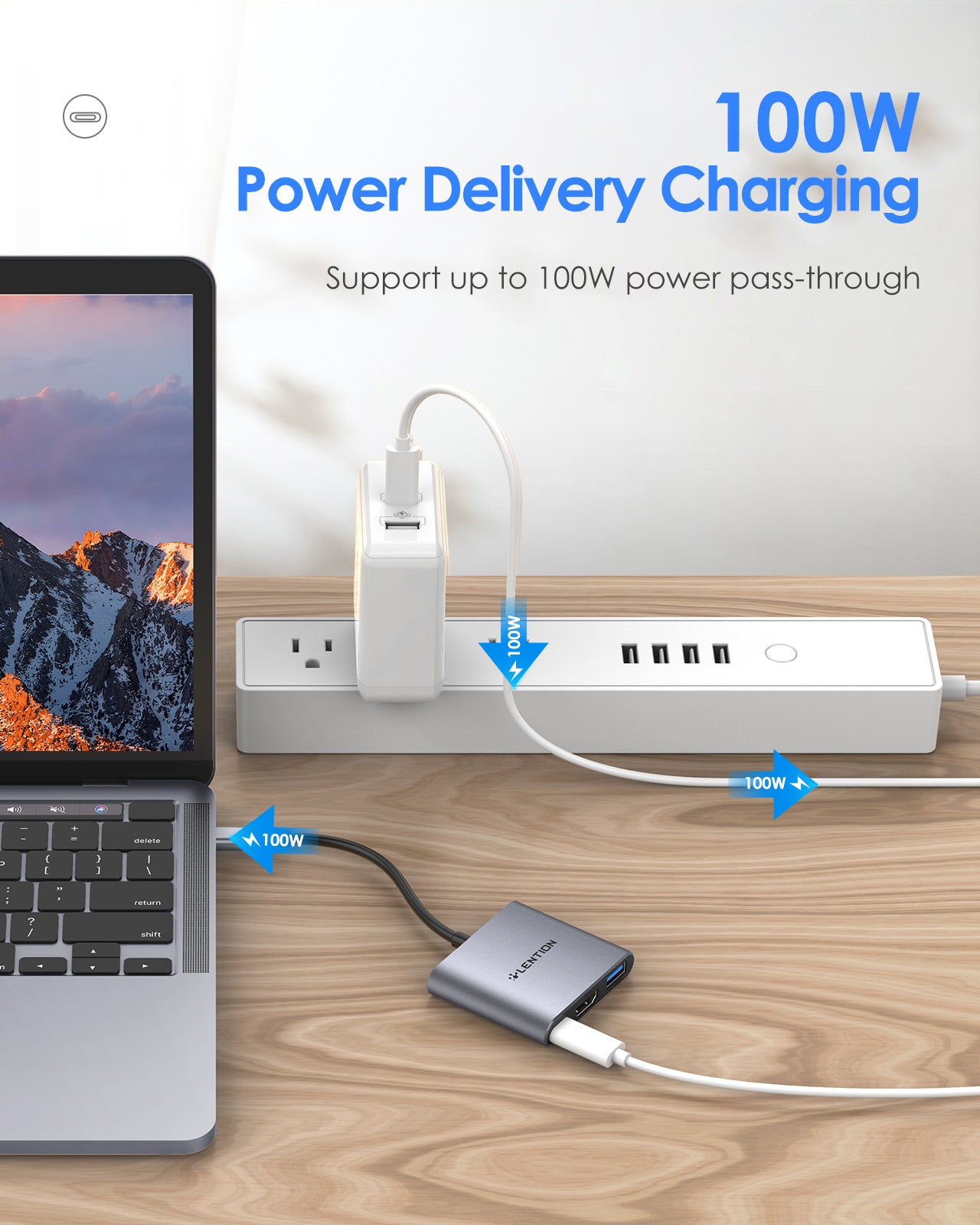 LENTION 3-in-1 USB C adapter with 100W power delivery charging on a desk with a laptop