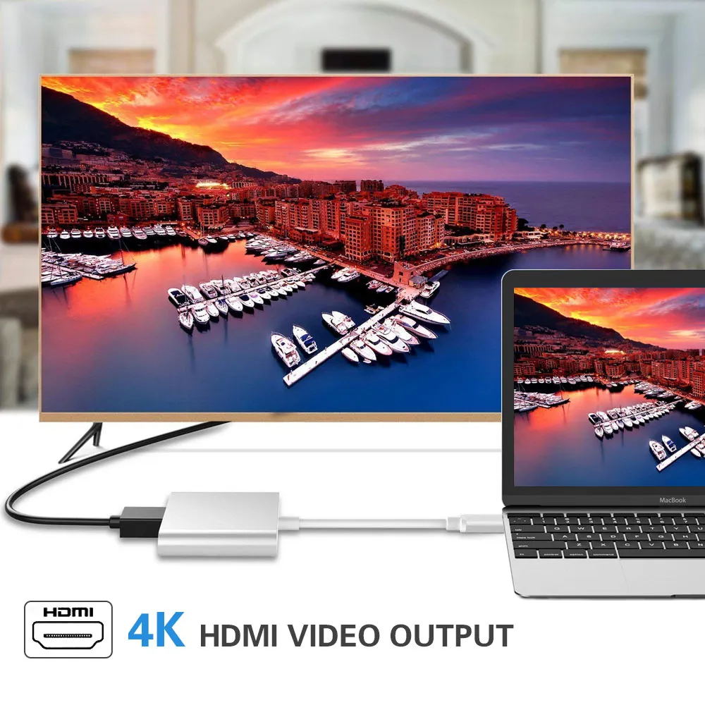 LENTION 3-in-1 USB C adapter connecting a laptop to a 4K HDMI video output on a large display