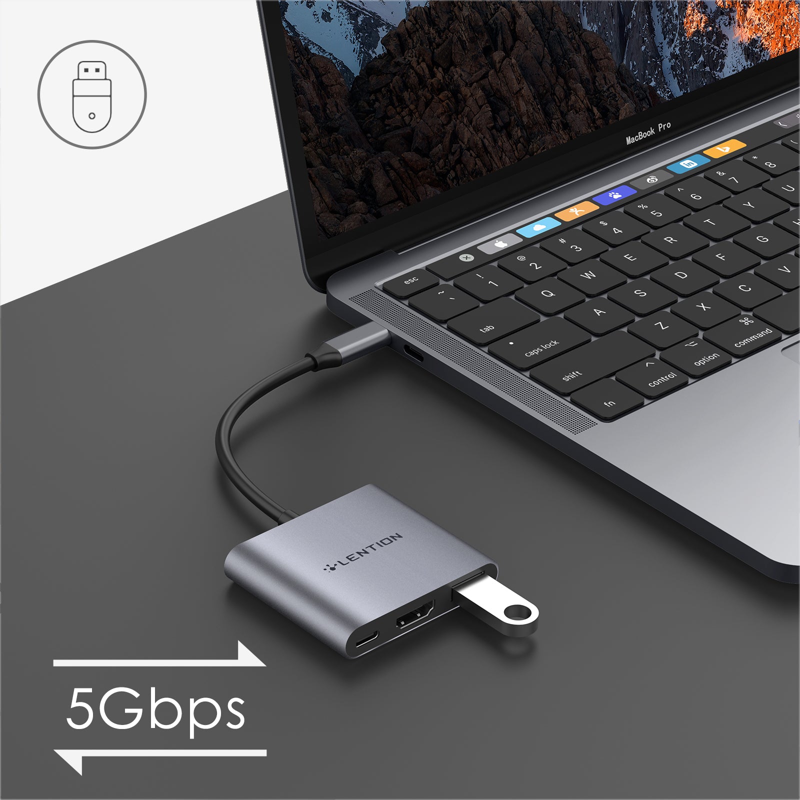 LENTION 3-in-1 USB C adapter connected to a MacBook Pro for fast data transfer at 5Gbps
