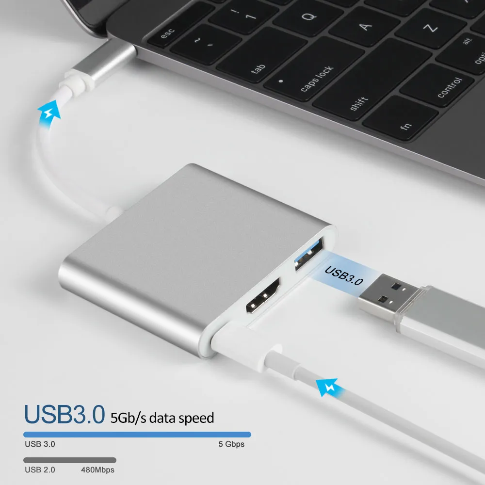 LENTION 3-in-1 USB C adapter connected to a laptop with USB devices for fast data transfer