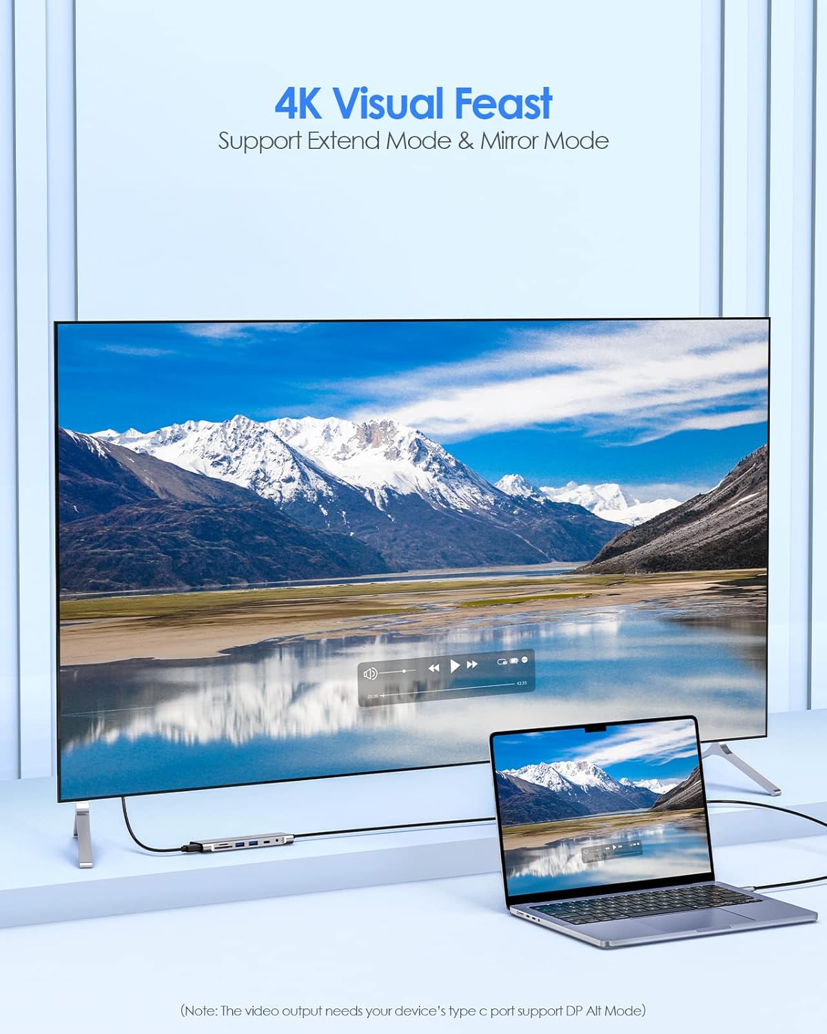 8 in 1 USB C Splitter with HDMI connected to a laptop and a 4K TV displaying a scenic landscape
