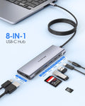 8 in 1 USB C Splitter with HDMI connected to laptop, showcasing multiple ports and card readers