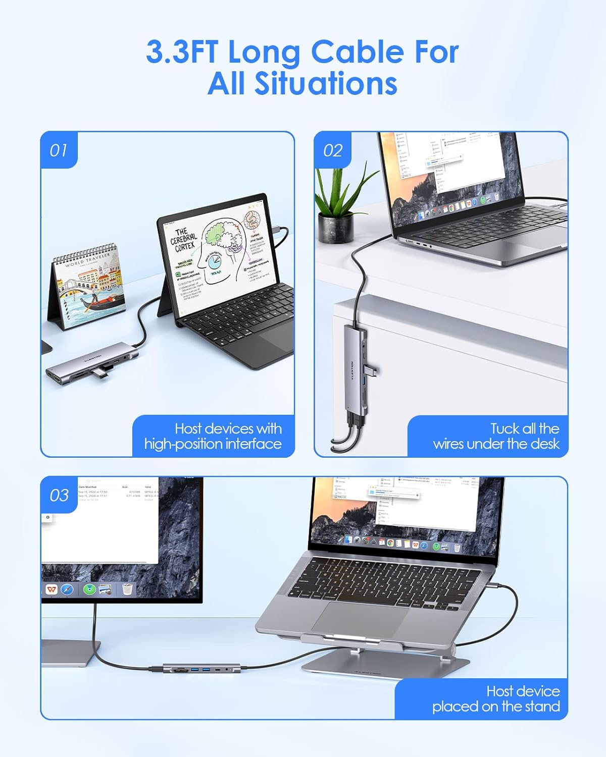 8 in 1 USB C Splitter with HDMI featuring a 3.3FT long cable for versatile device connections