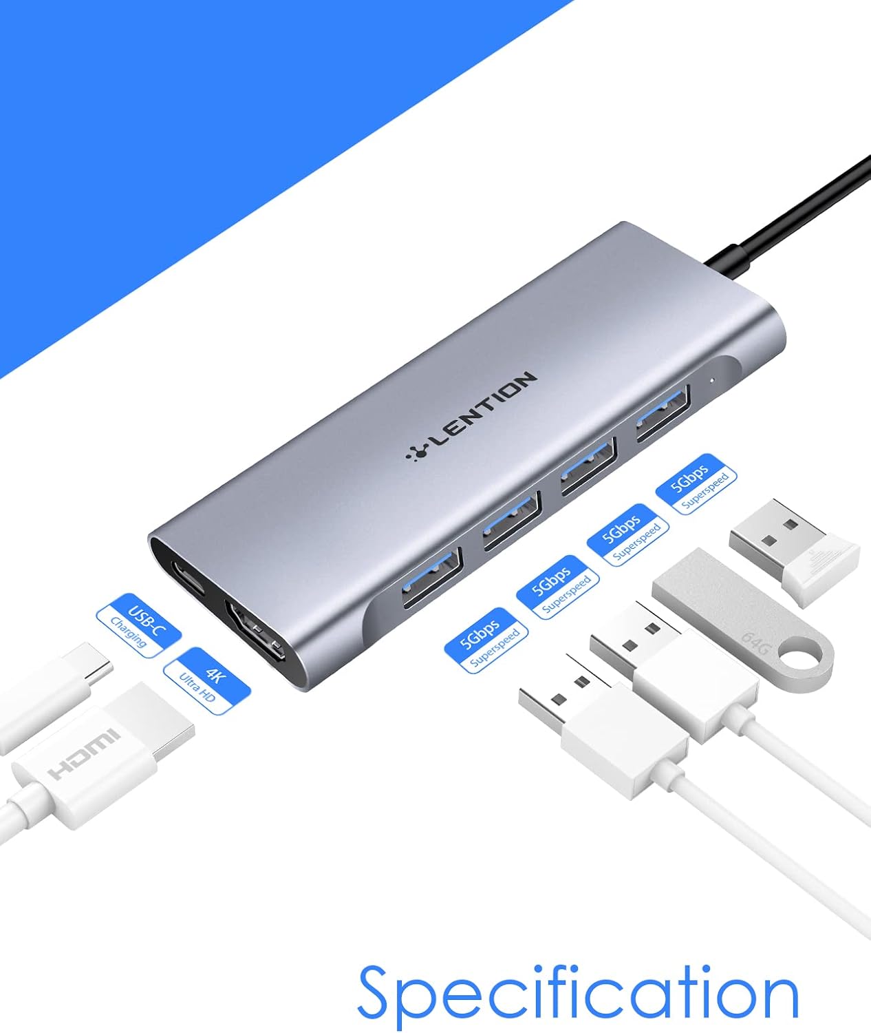 USB C hub with HDMI and Ethernet featuring multiple ports and cables for connectivity