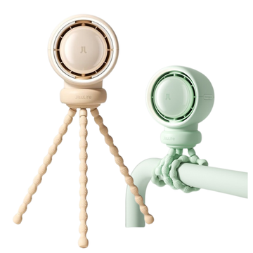 Life2 Bladeless Stroller Fan in beige and green with flexible tripod for easy attachment