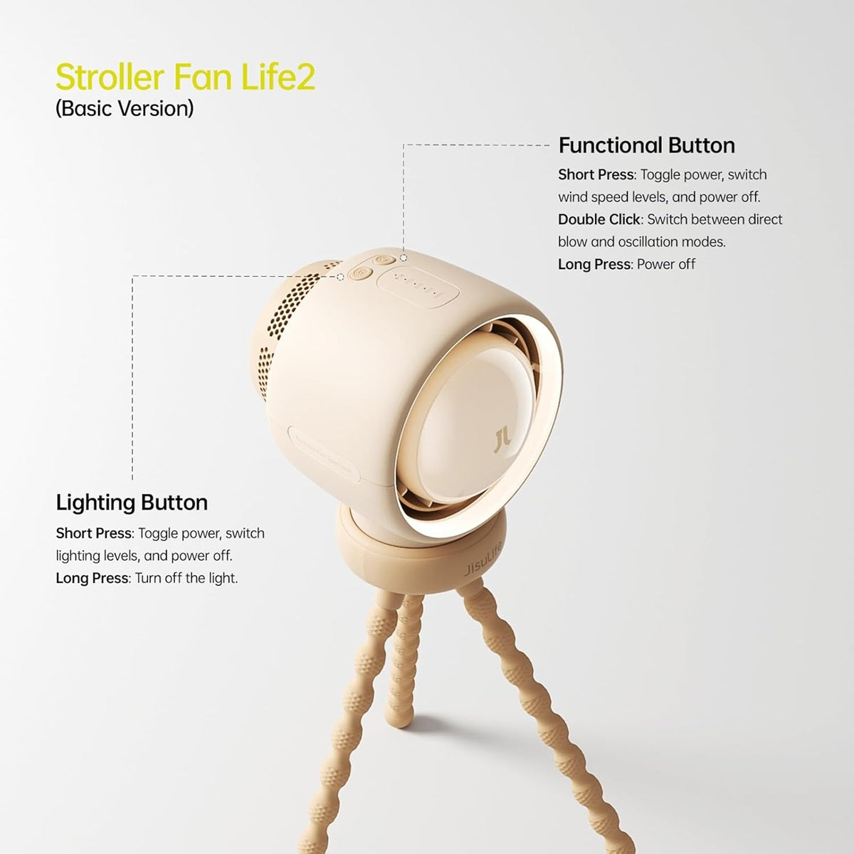 Life2 Bladeless Stroller Fan with adjustable settings, functional and lighting buttons for convenience