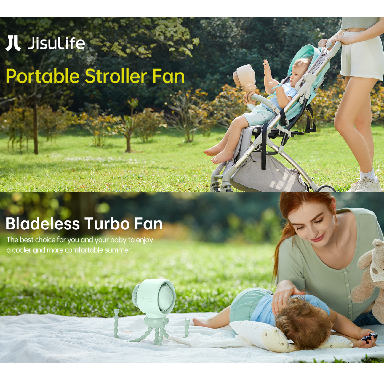 Life2 Bladeless Stroller Fan designed for comfort during hot summer days outdoors