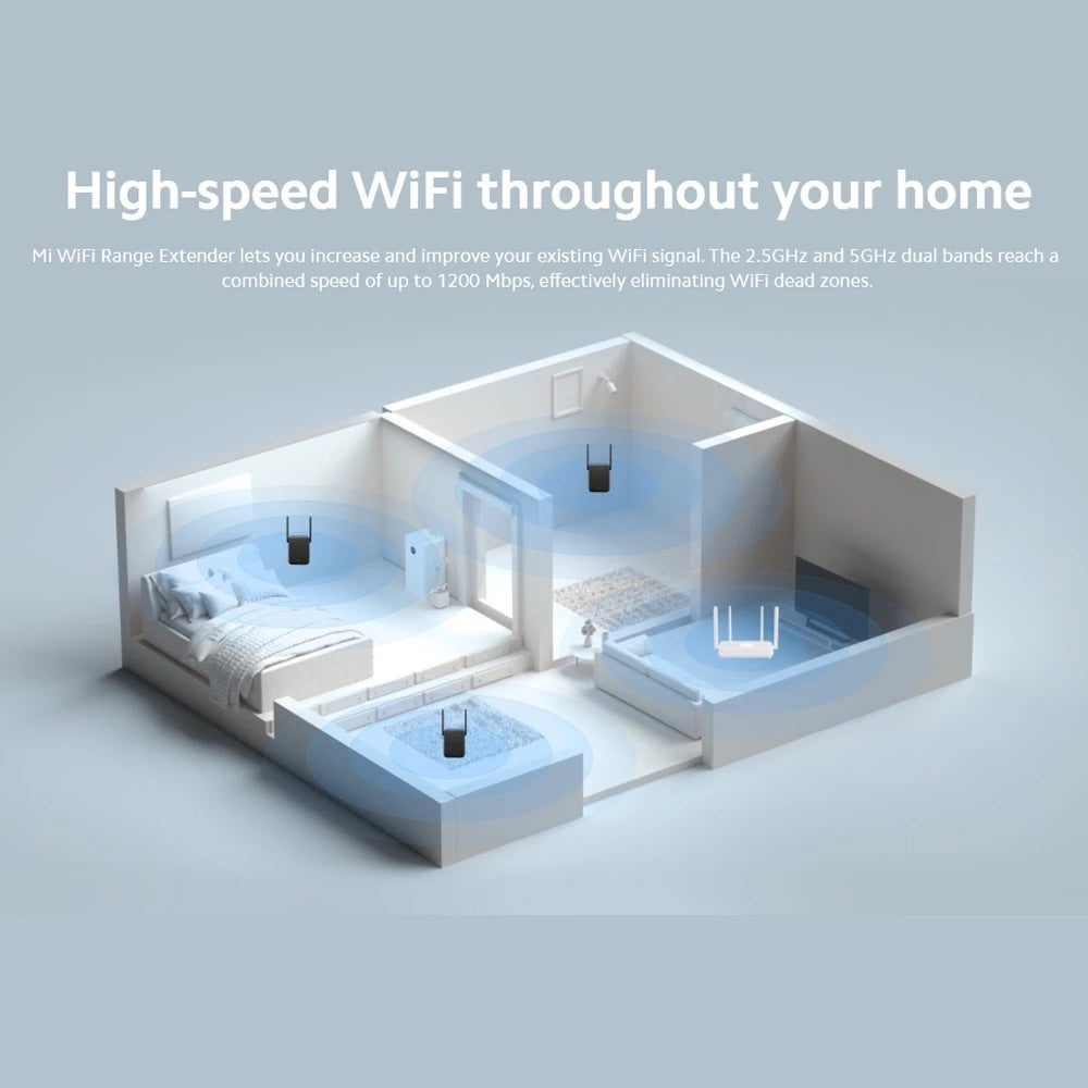 WiFi Repeater image showing a home layout with effective signal coverage and elimination of dead zones