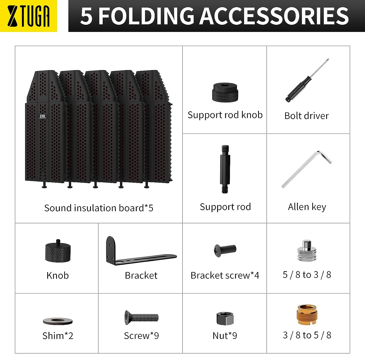 Foldable microphone isolation shield with five sound insulation boards and various accessories
