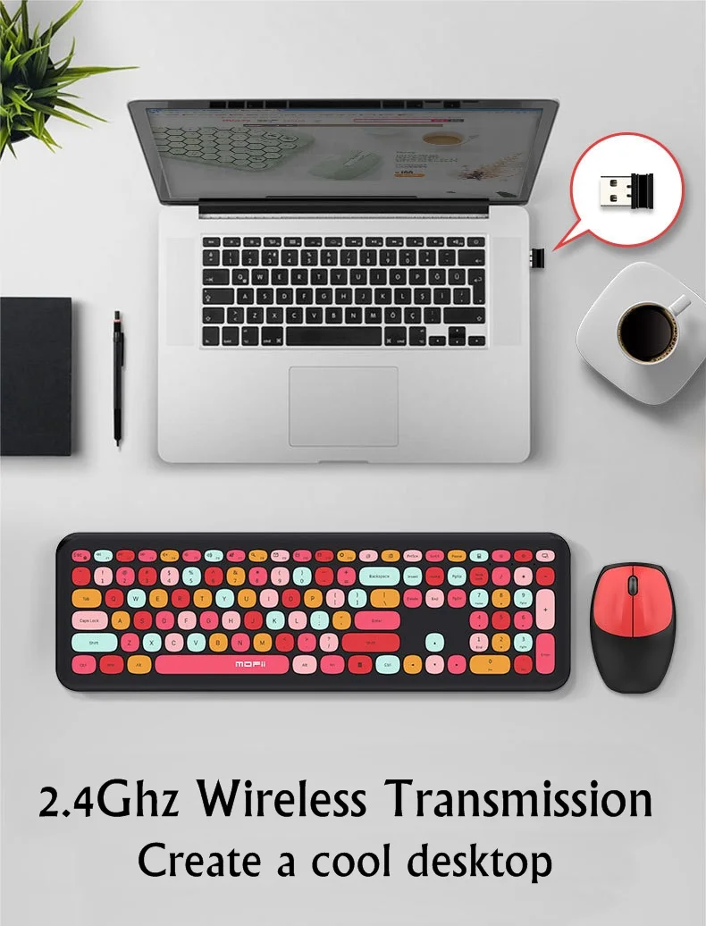 Colorful Mofii 666 keyboard and mouse for PC with 2.4GHz wireless USB receiver on desk