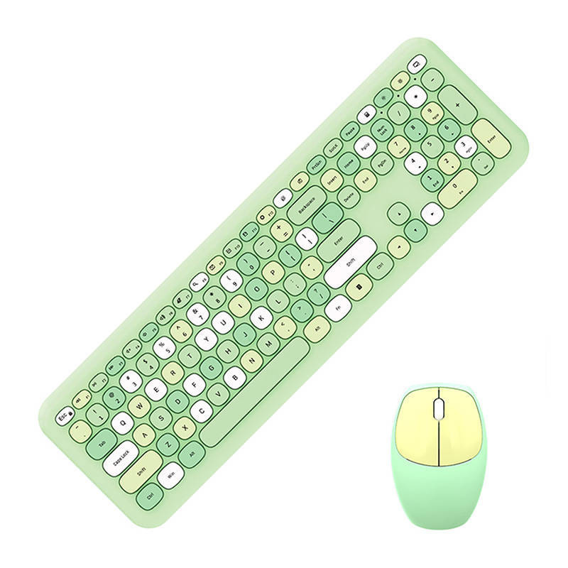 Mofii 666 keyboard and mouse for PC in pastel green and yellow with round keys and ergonomic mouse