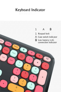 Close-up of colorful keys on Mofii 666 keyboard and mouse for PC showing keyboard indicator lights