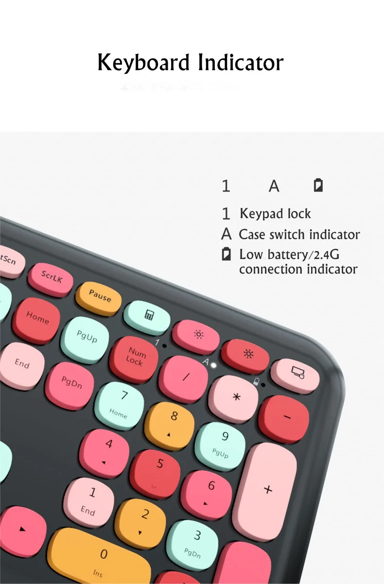Close-up of colorful keys on Mofii 666 keyboard and mouse for PC showing keyboard indicator lights