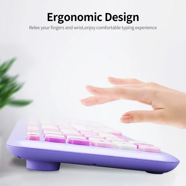 Ergonomic Mofii 666 keyboard and mouse for PC with purple keys and comfortable typing design