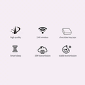 Icons showing features of Mofii 666 keyboard and mouse for PC including high quality, 2.4G wireless, chocolate keycaps, smart sleep, 10M transmission, and stable transmission