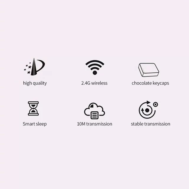 Icons showing features of Mofii 666 keyboard and mouse for PC including high quality, 2.4G wireless, chocolate keycaps, smart sleep, 10M transmission, and stable transmission