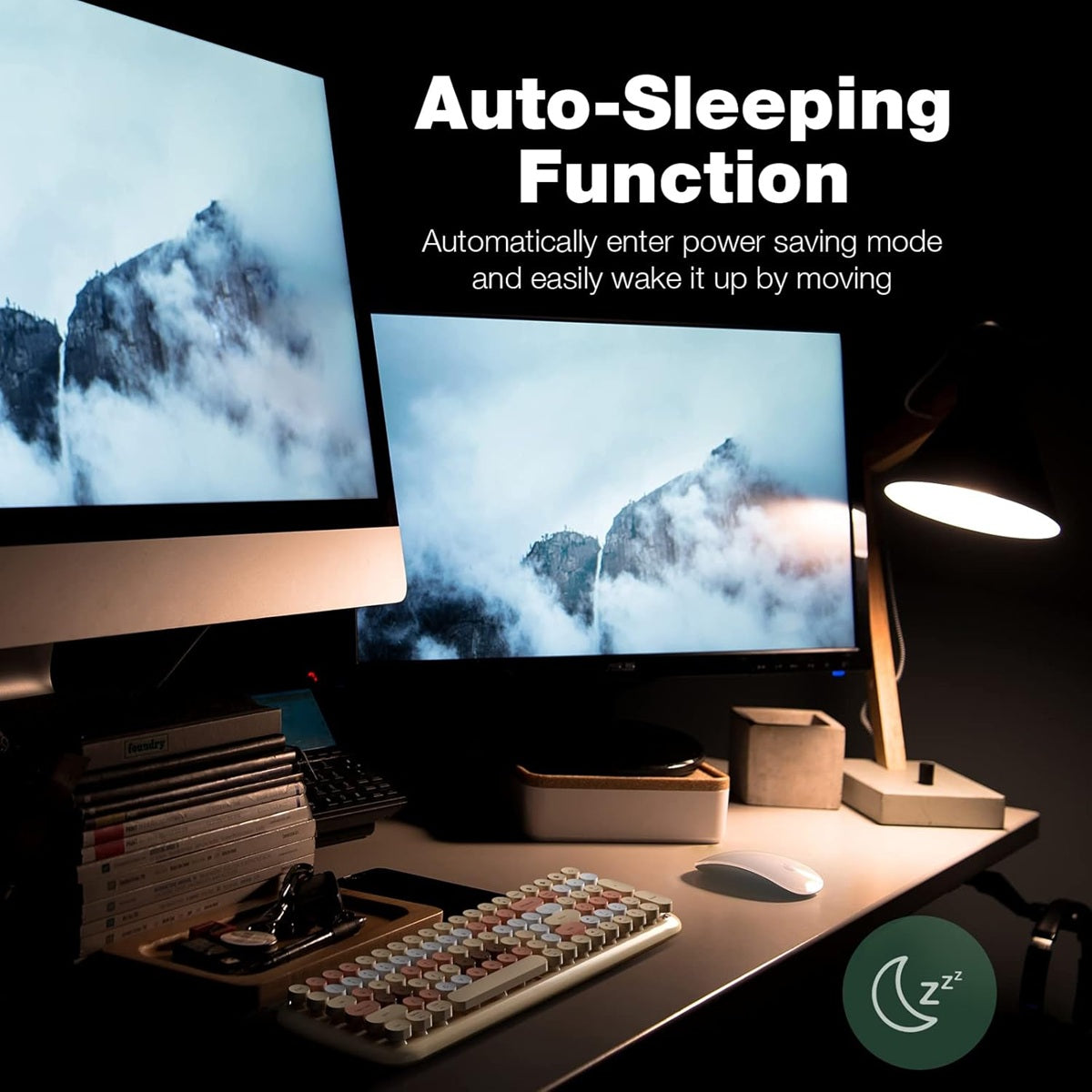 Mofii Candy XR wireless keyboard and mouse combo on desk with dual monitors and desk lamp showing auto-sleeping function