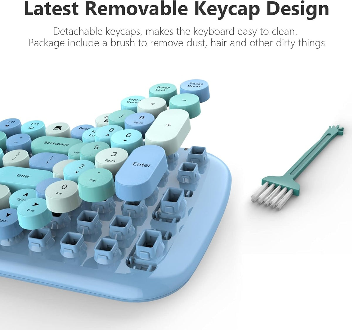 Mofii Candy XR wireless keyboard and mouse combo with removable blue and green keycaps and cleaning brush