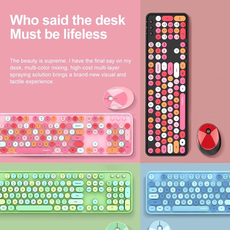 Mofii Sweet Mixed 2.4G keyboard for PC in blue, green, pink, and black with matching wireless mice