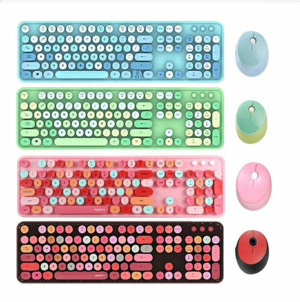 Mofii Sweet Mixed 2.4G keyboard for PC in blue, green, pink, and black with matching wireless mice