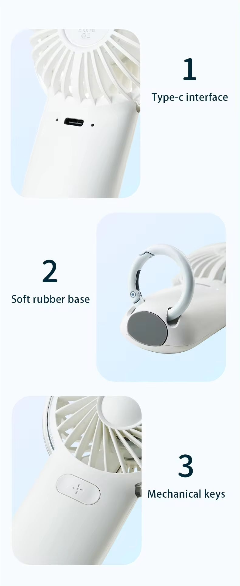 VMIDirect portable fan with Type-C interface, soft rubber base, and mechanical keys for easy use