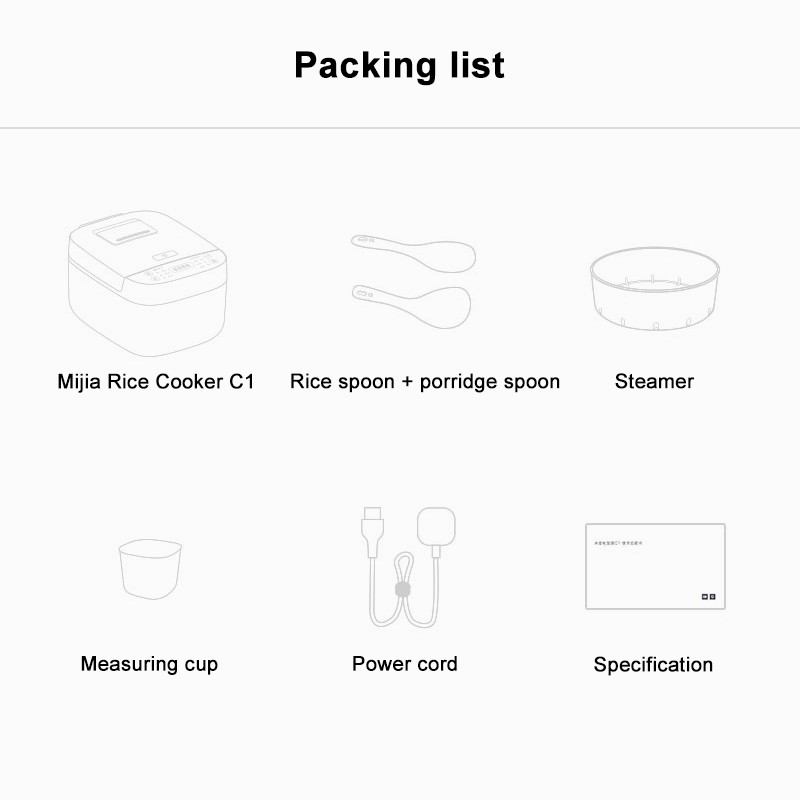 VMIDirect Mijia Rice Cooker C1 packing list including multifunctional food cooker components
