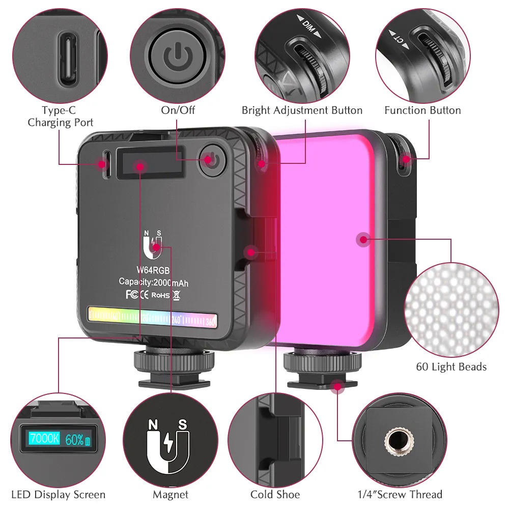 Multifunctional Magnetic RGB Video Light with LED screen and multiple control buttons for versatile lighting
