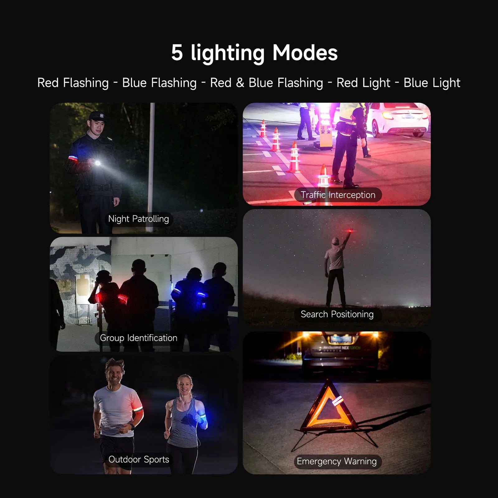 5 lighting modes demonstrated using a Flashing Safety Slap Bracelet for night patrolling and emergency warning