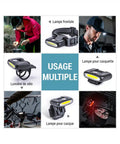 Multifunction Rechargeable LED Headlamp displayed in various usage scenarios for versatile outdoor activities