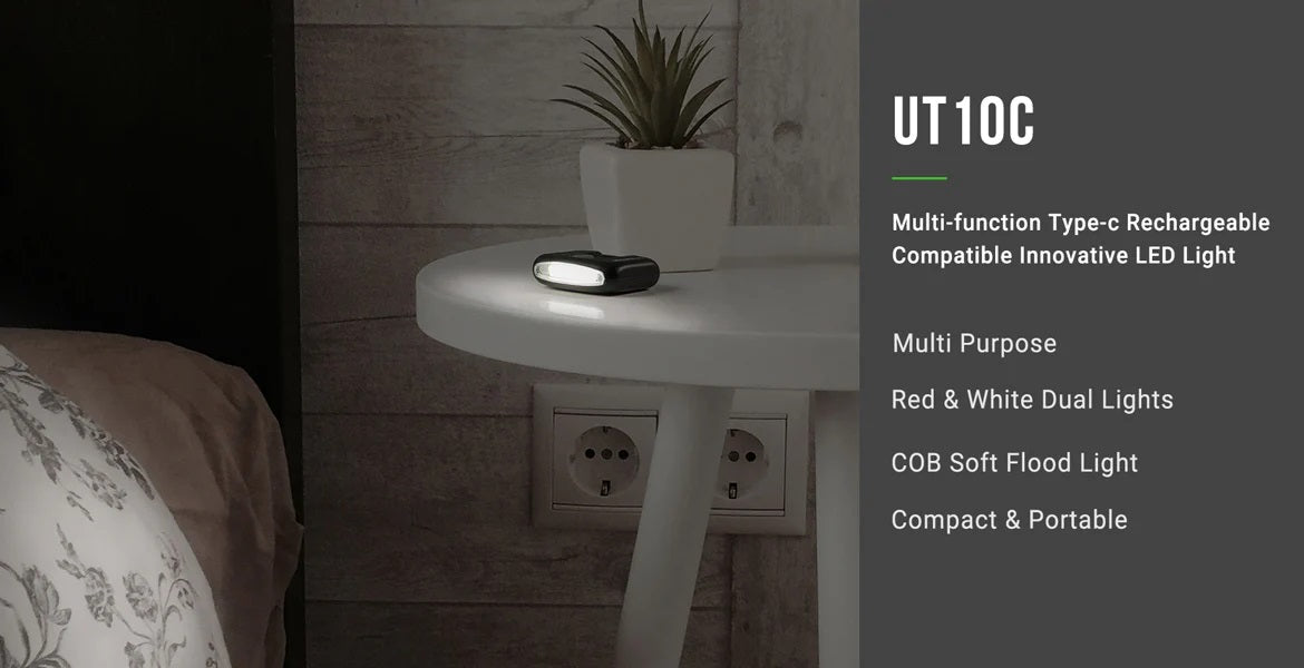 Multifunction Rechargeable LED Headlamp on a bedside table showcasing its compact and portable design