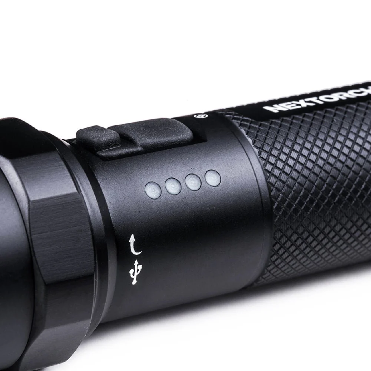 Rechargeable Tactical Flashlight with textured grip and power indicator lights for versatile use