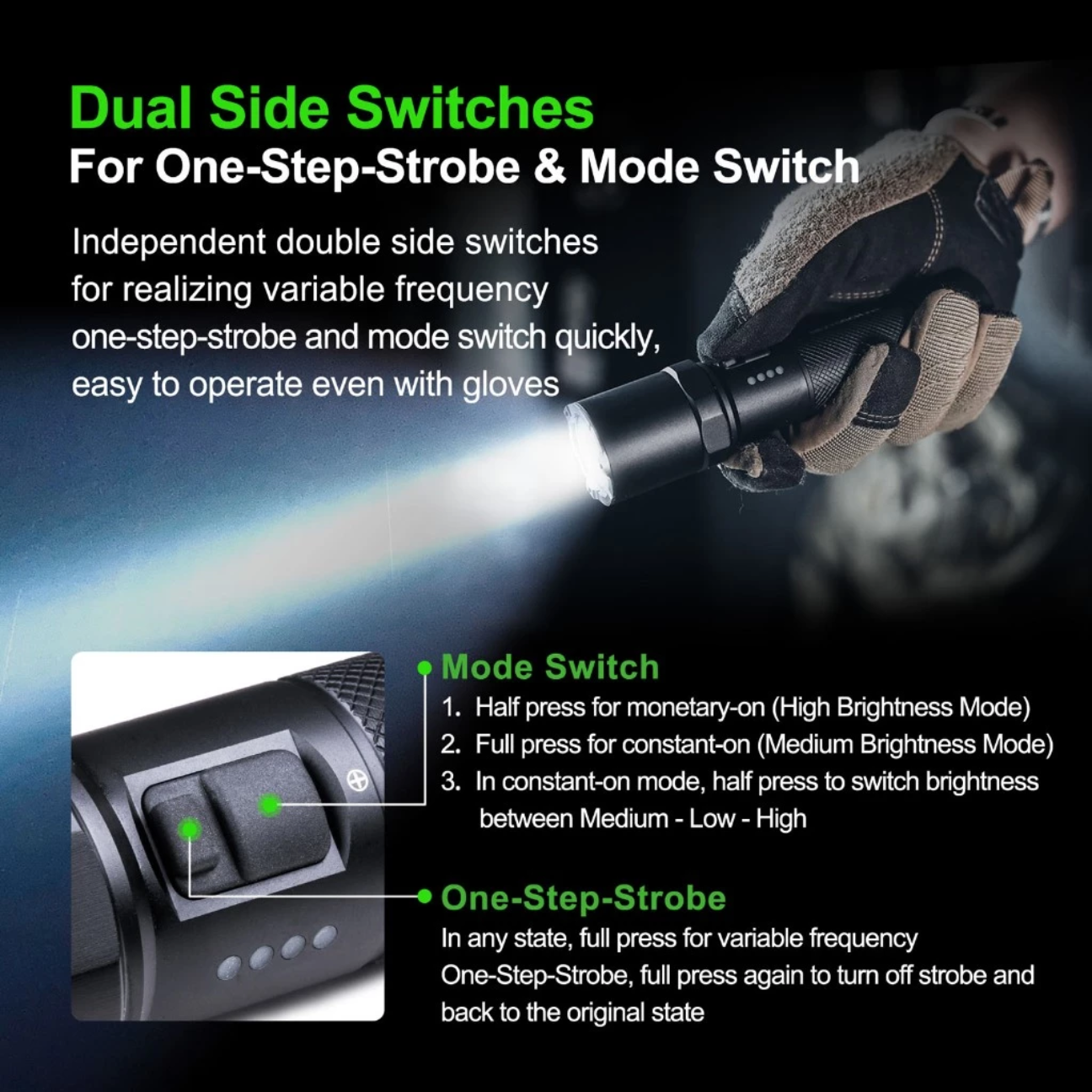 VMI Direct Rechargeable Tactical Flashlight with dual side switches for mode and strobe settings
