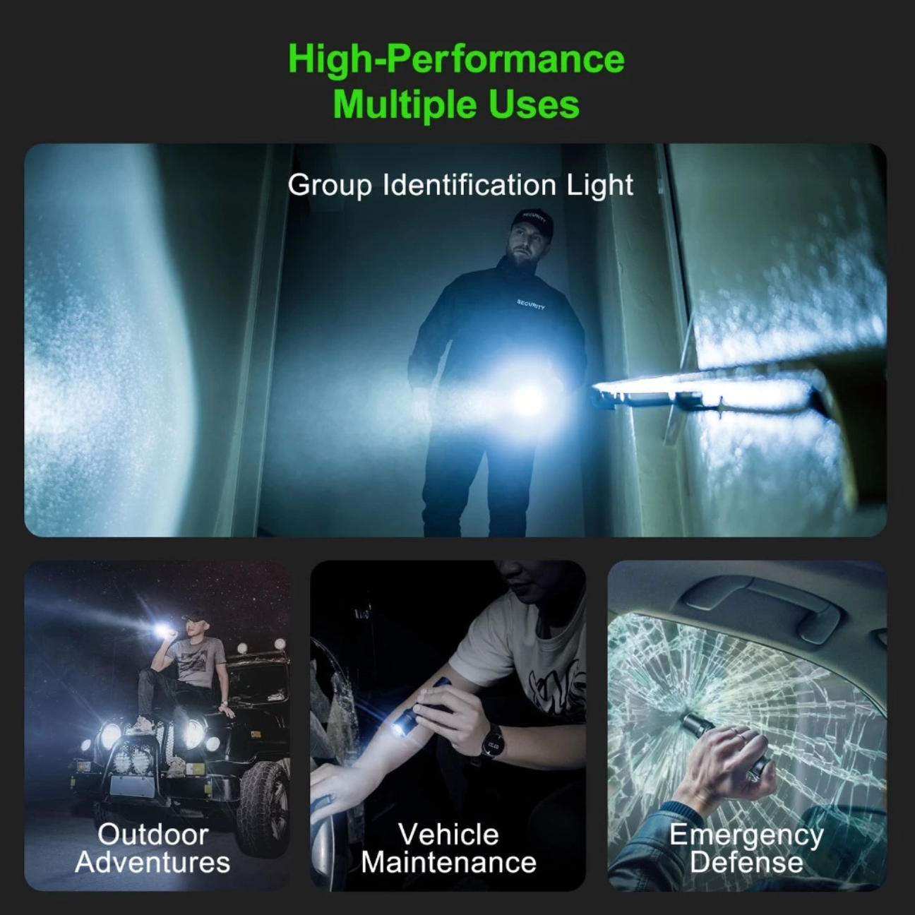 Rechargeable Tactical Flashlight showcasing multiple uses for outdoor adventures and emergency defense