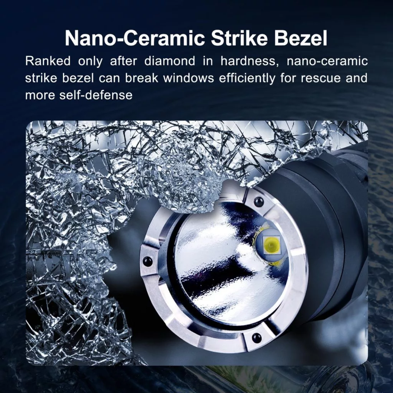 Rechargeable Tactical Flashlight featuring a durable nano-ceramic strike bezel for emergency window breaking