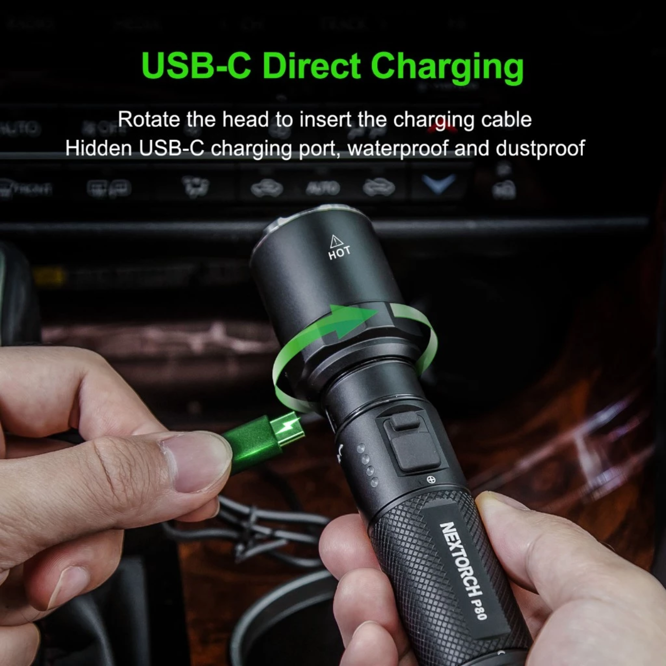 Rechargeable Tactical Flashlight with USB-C charging port for easy recharging and waterproof design