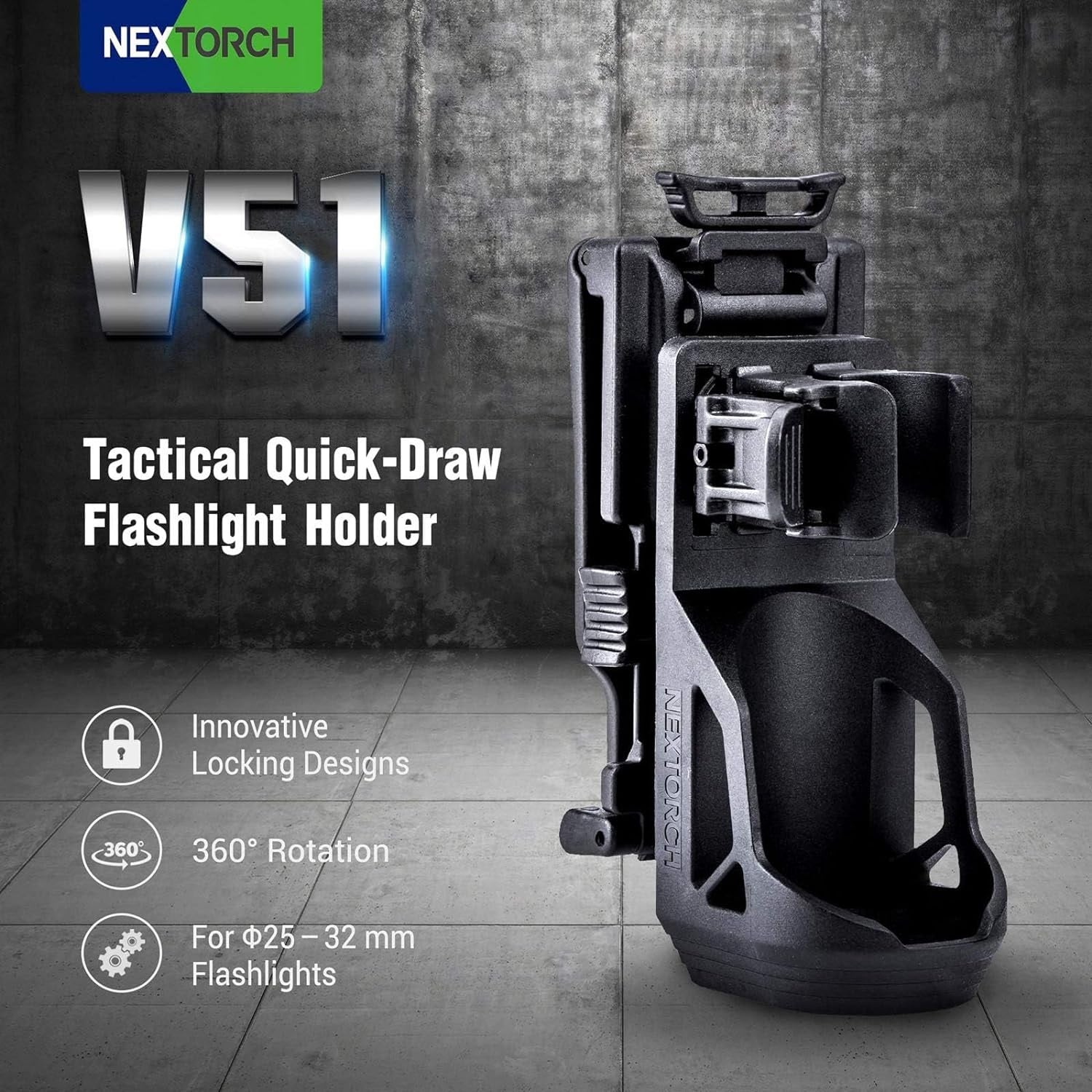 VMIDirect Tactical Flashlight Holster with innovative locking design and 360-degree rotation
