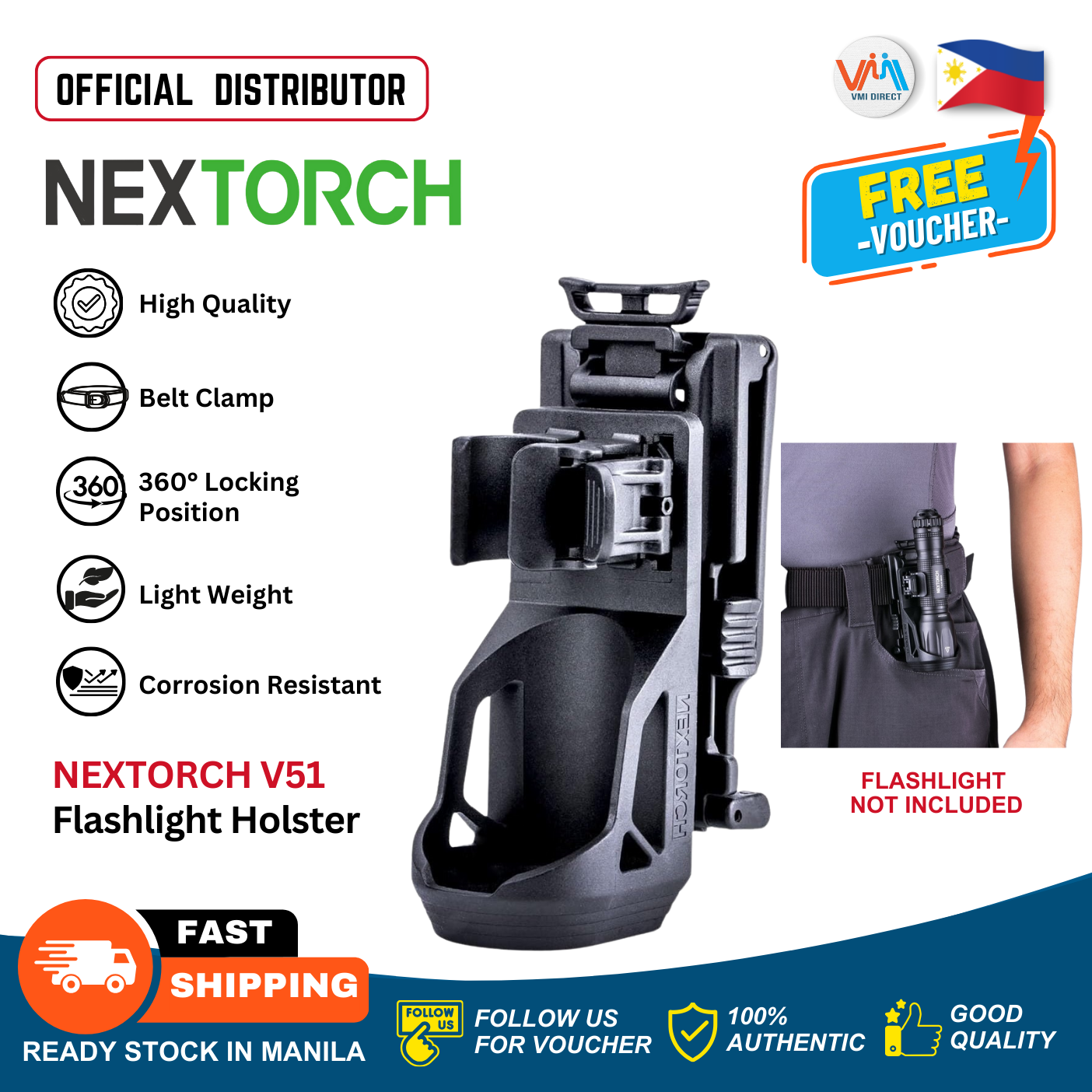 VMIDirect Tactical LED Flashlight Rechargeable Holster with 360 Degree Locking Position and Lightweight Design