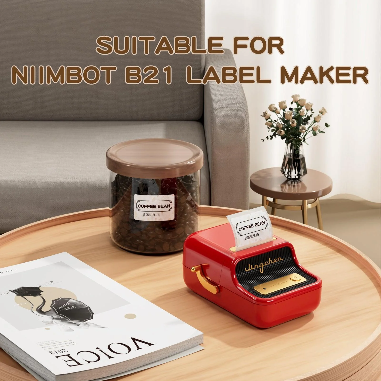 VMIDirect White Thermal Label Stickers suitable for NIIMBOT B21 Label Maker on a stylish wooden table