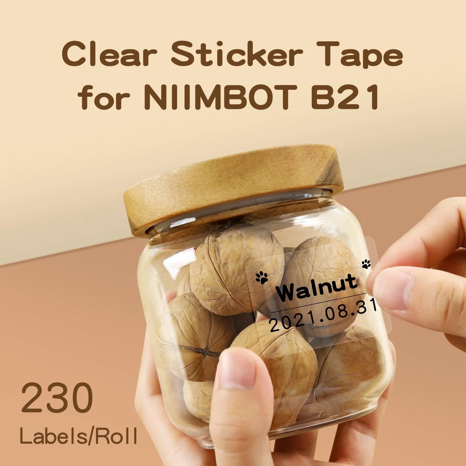 Clear sticker tape jar with walnut labels, perfect for White Thermal Label Stickers usage on NIIMBOT B21