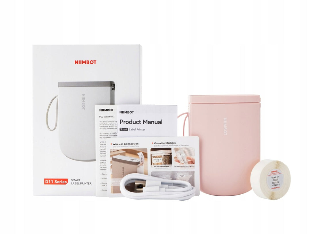 VMIDirect Portable Bluetooth Label Printer with accessories, user manual, and sticker rolls for efficient labeling