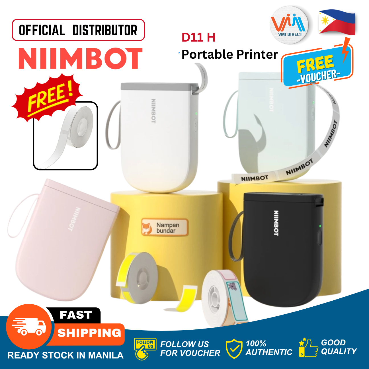 VMIDirect Portable Bluetooth Label Printer in multiple colors with rolls of labels included