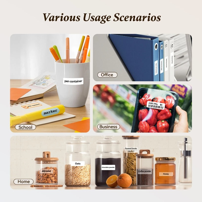 Portable Bluetooth Label Printer in various usage scenarios for school, office, and home organization