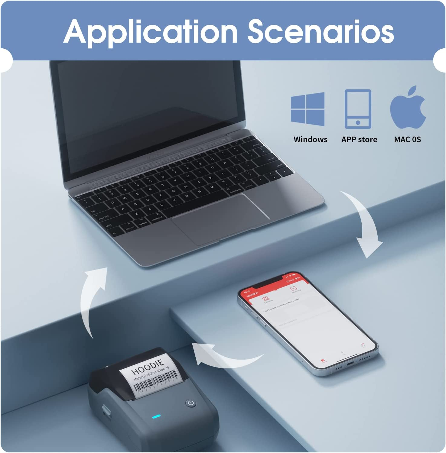 Application scenarios showcasing the Portable Bluetooth Thermal Label Printer with a laptop and smartphone