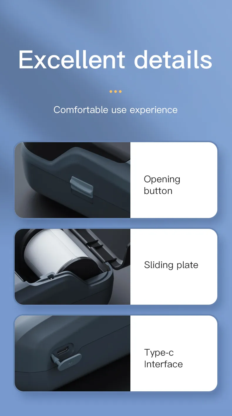 Portable Bluetooth Thermal Label Printer with opening button, sliding plate, and Type-C interface for easy use
