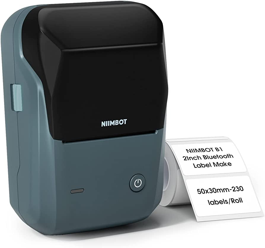 Portable Bluetooth Thermal Label Printer in gray with labels printing for easy organization
