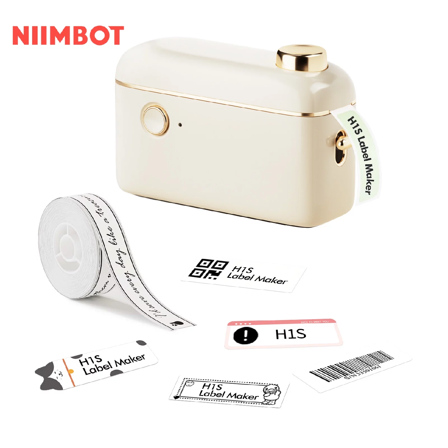 VMIDirect Portable Bluetooth Thermal Label Printer Maker displaying labels and printing device in cream color